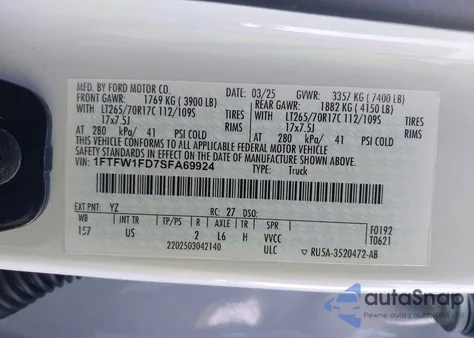 2025 Ford F-150 Xl Hybrid z USA, uszkodzony, nr VIN 1FTFW1FD7SFA69924